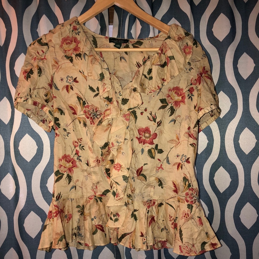Floral Ruffle Front Blouse - Cream with Pink Floral